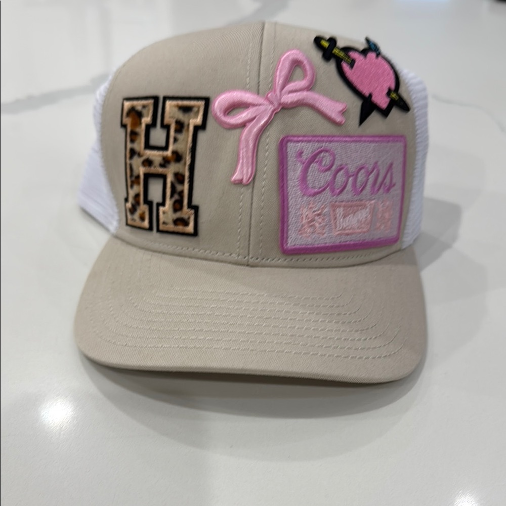 Beige and White Hat with Pink Accents